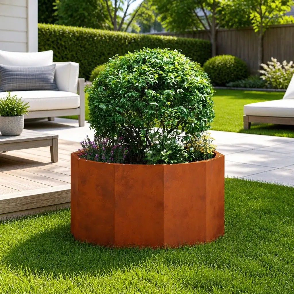Round Garden Planter Steel Outdoor 60x60x35cm Brown