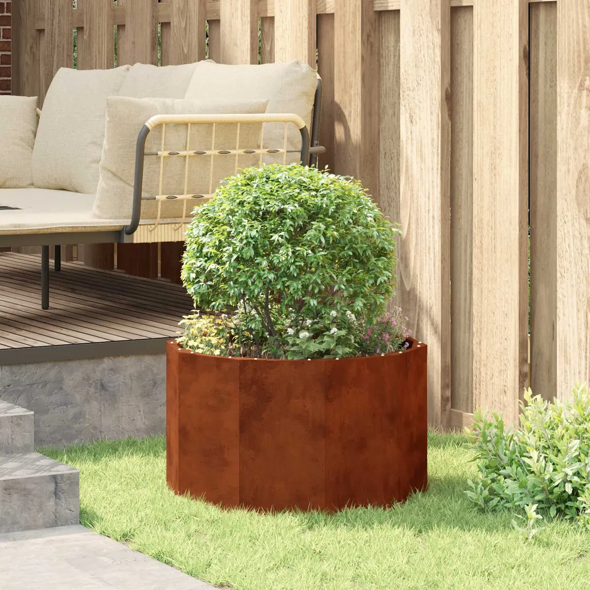 Round Garden Planter Steel Outdoor 60x60x35cm Brown
