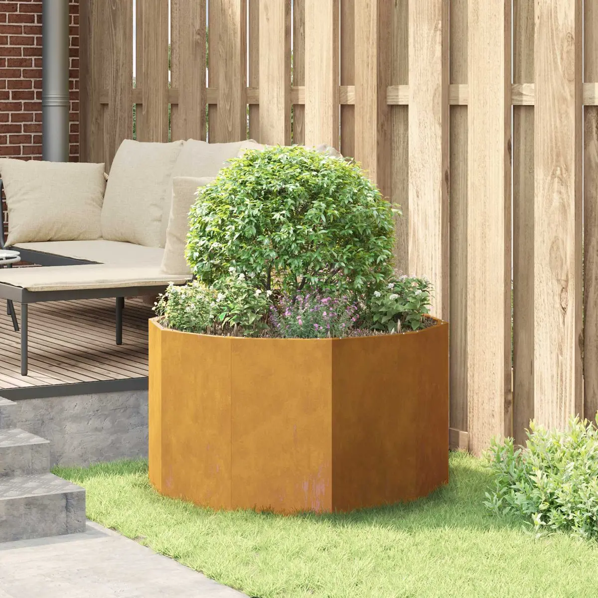 Round Steel Garden Planter Outdoor Use 90 x 90 x 50 cm Rust Brown