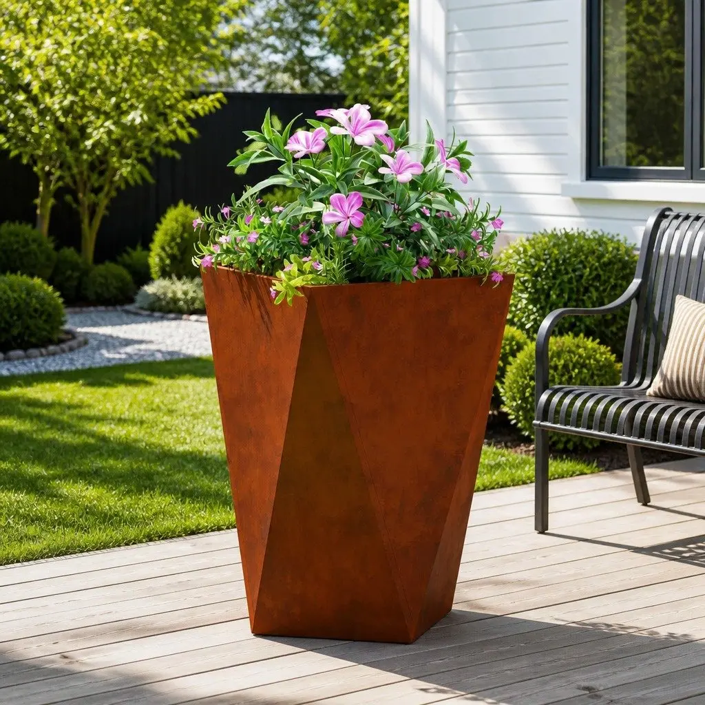Steel Garden Planter Box Outdoor Rectangular Pot 50 x 50 x 75 cm Brown Weathering Corrugated