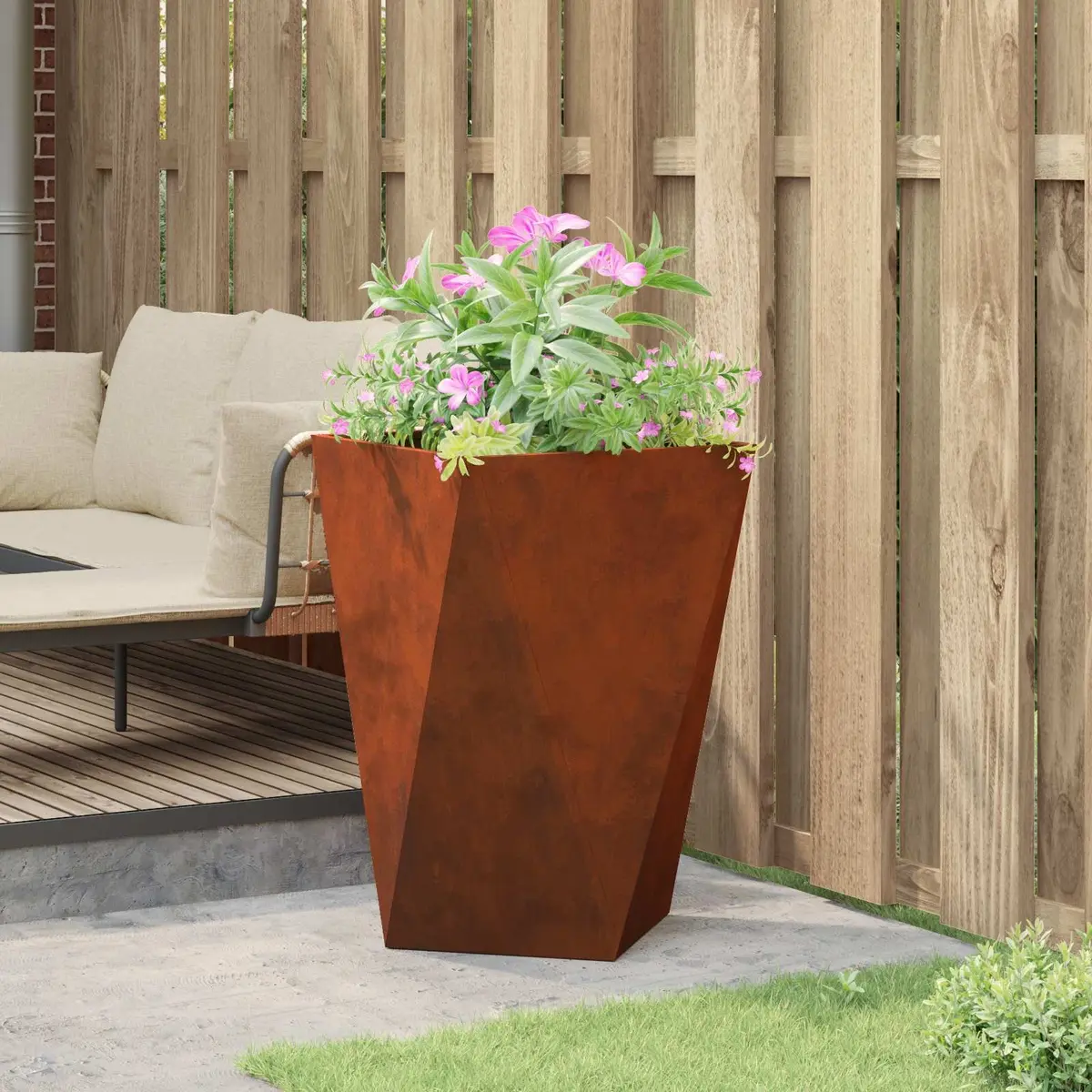 Steel Garden Planter Box Outdoor Rectangular Pot 50 x 50 x 75 cm Brown Weathering Corrugated