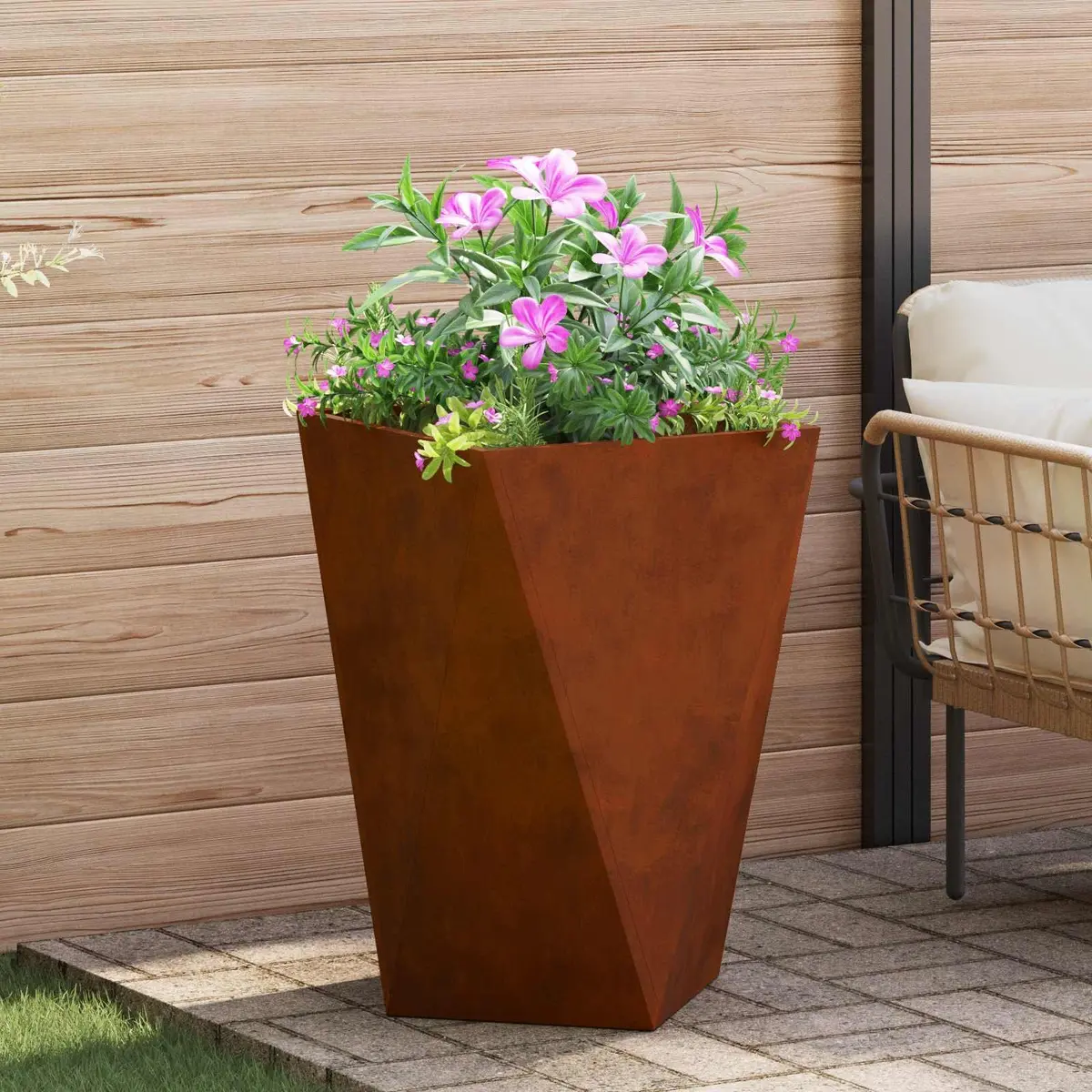 Steel Garden Planters Set Outdoor Decorative Pot Box Brown 50x50x75cm Corrugated Sides