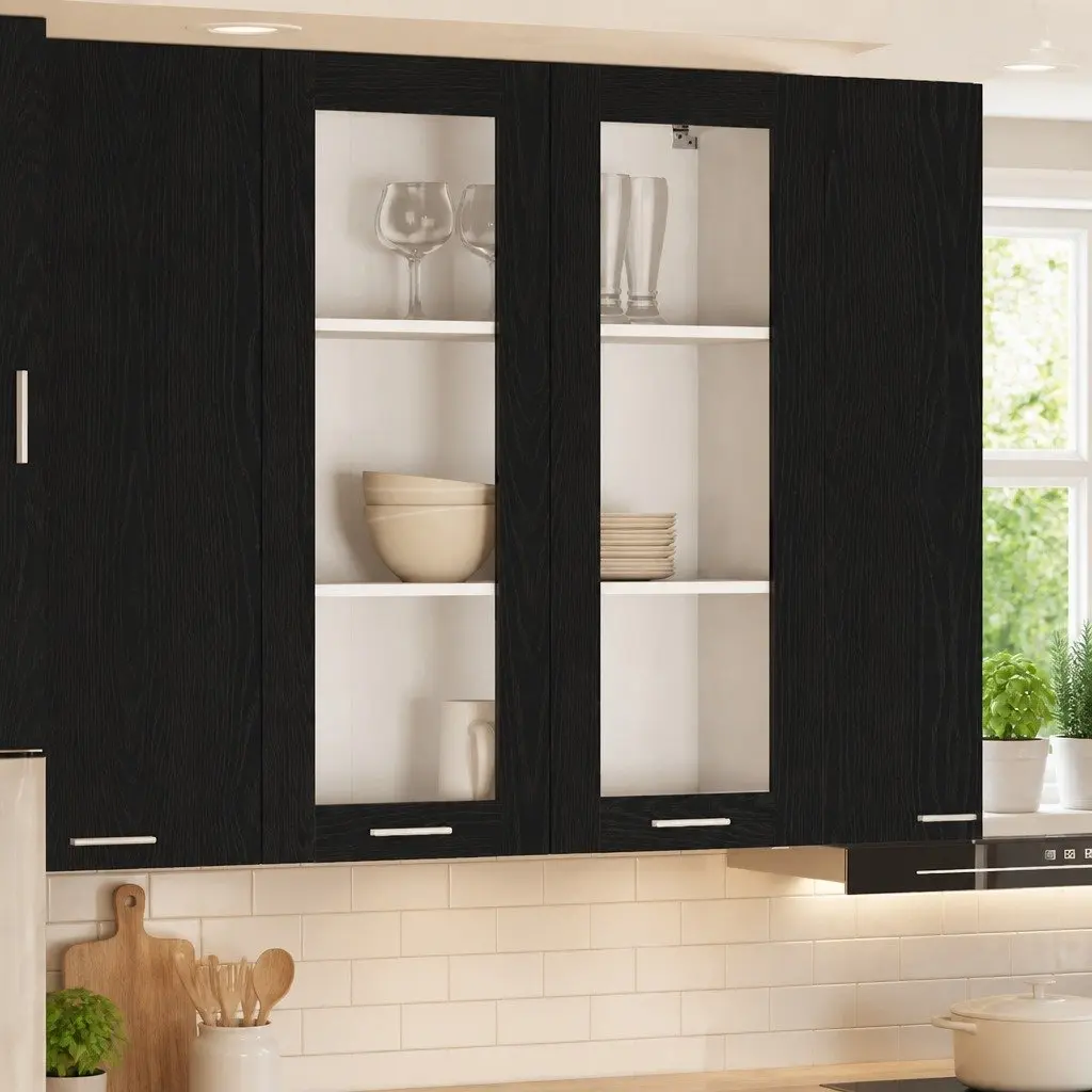 Hanging Kitchen Cabinet in Modern Black Oak