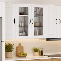 Wall Glass Cabinet 2 Pcs High Gloss White Kitchen Storage Shelving Unit