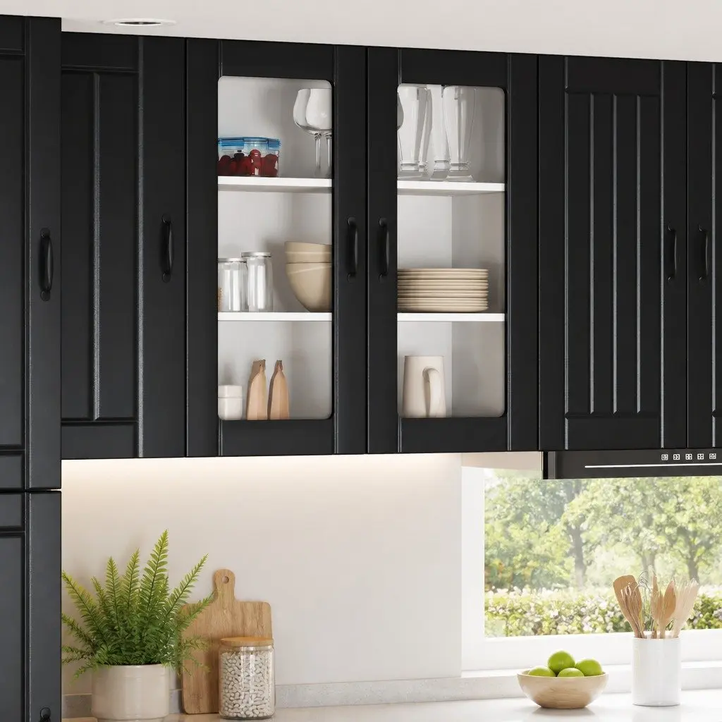 Wall Glass Cabinet Black 80x31x80cm Kitchen Storage Engineered Wood Modern