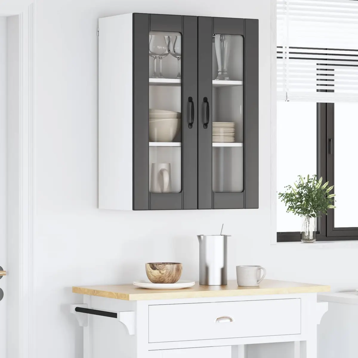 Wall Glass Cabinet Black Kitchen Storage Engineered Wood Modern Furniture