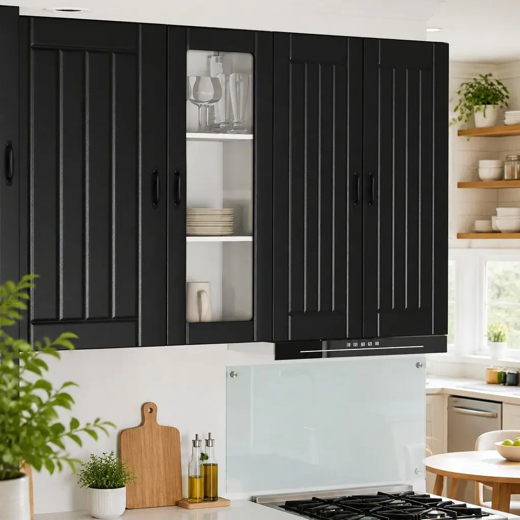 Wall Glass Cabinet Kitchen Storage Engineered Wood Rectangular Black