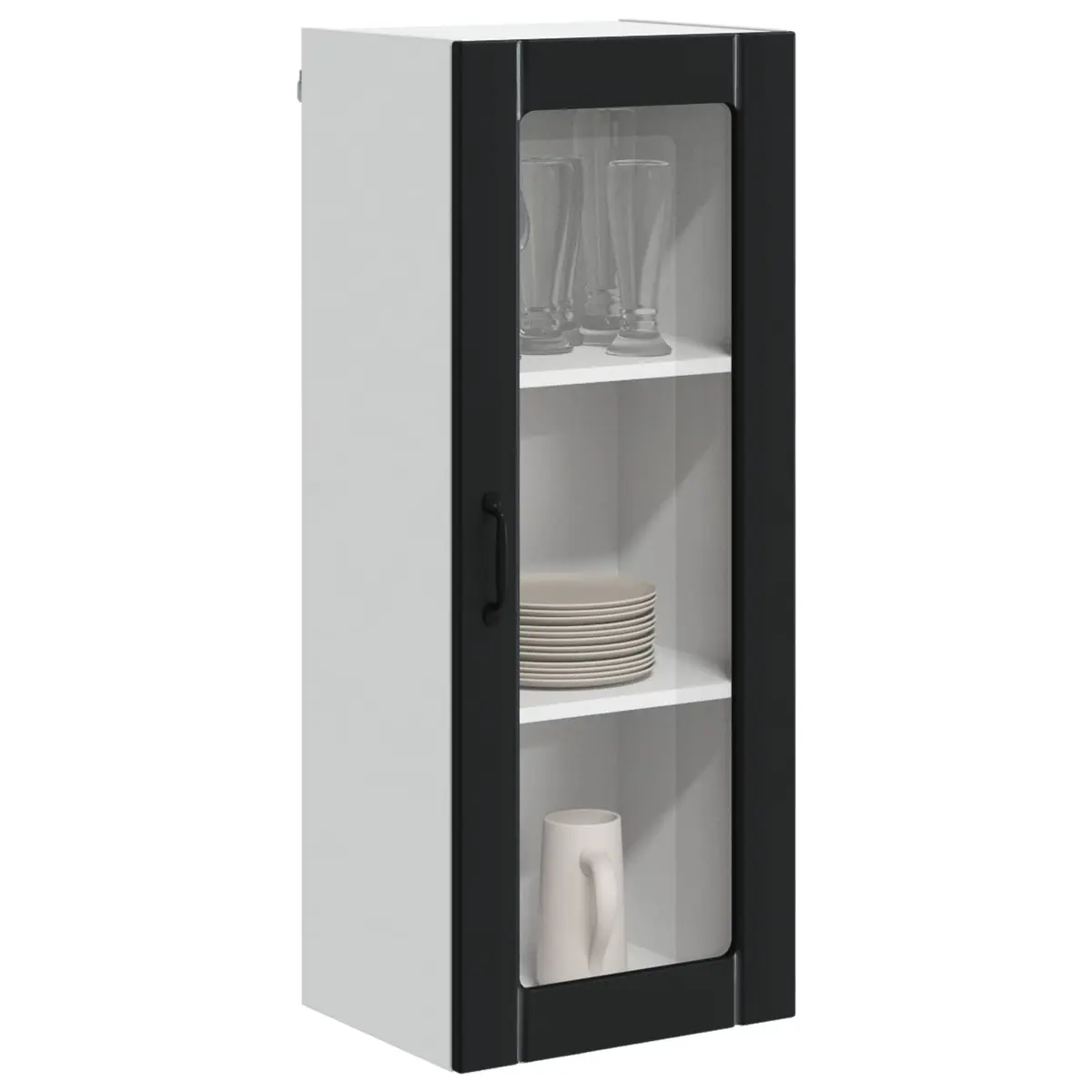 Wall Glass Cabinet Kitchen Storage Engineered Wood Rectangular Black