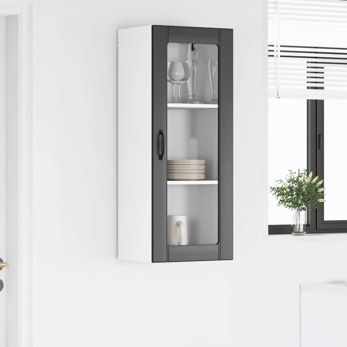 Wall Glass Cabinet Kitchen Storage Engineered Wood Rectangular Black