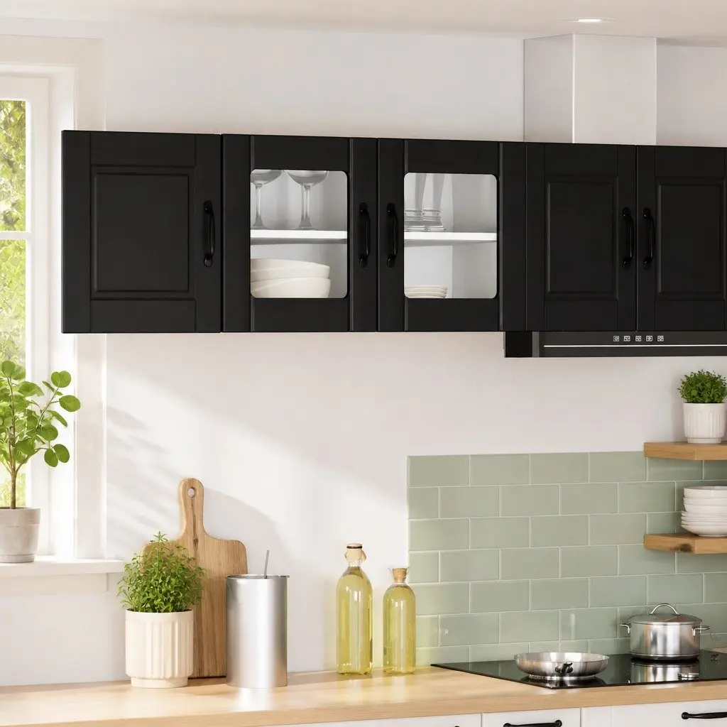 Wall Glass Cabinet Kitchen Storage 80x31x40cm Black Engineered Wood Modern