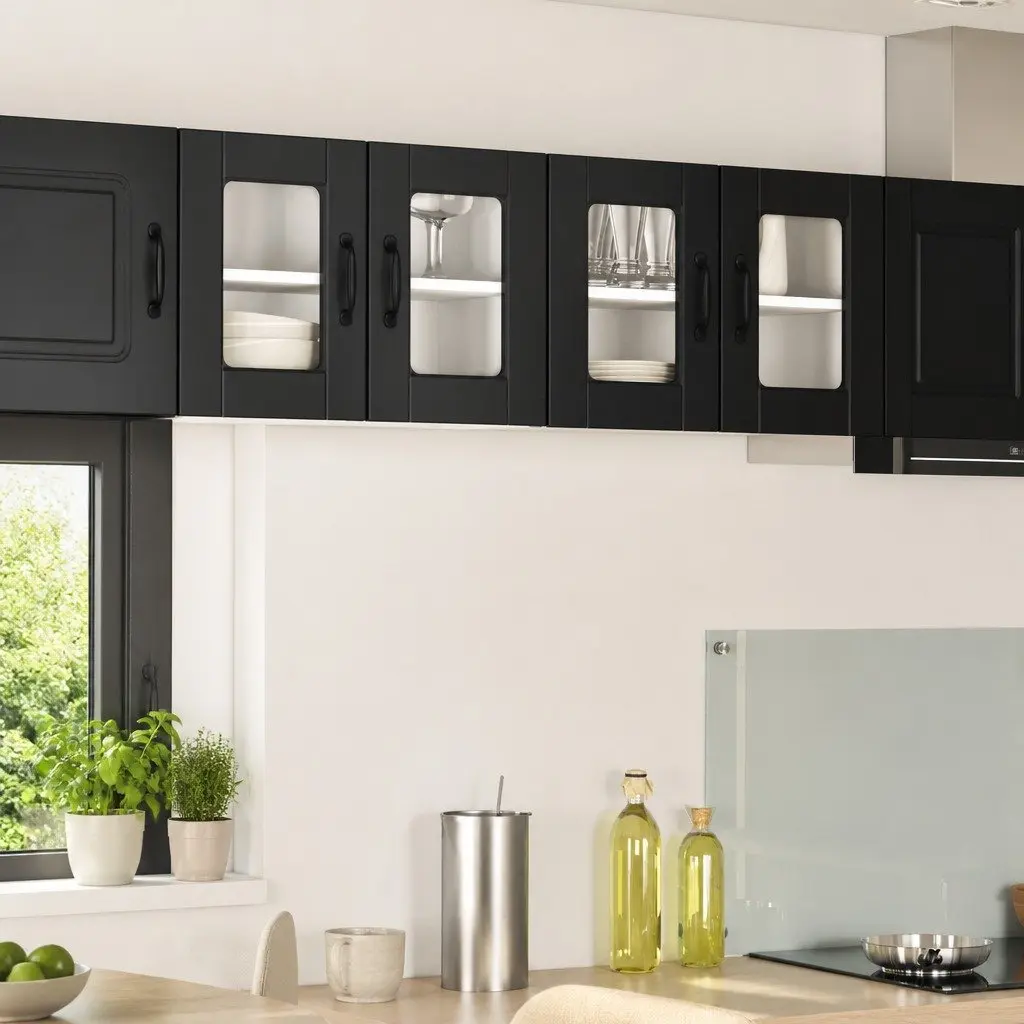 Wall Glass Cabinet Kitchen Storage 60x31x40cm Black Engineered Wood Organiser
