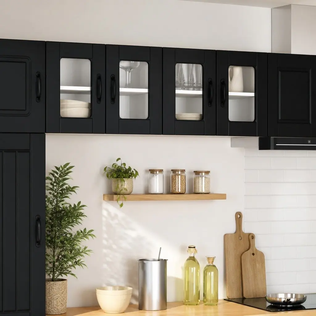 Wall Glass Cabinet Kitchen Storage 60 x 31 x 40 cm Black 2 Piece Modern Shelving