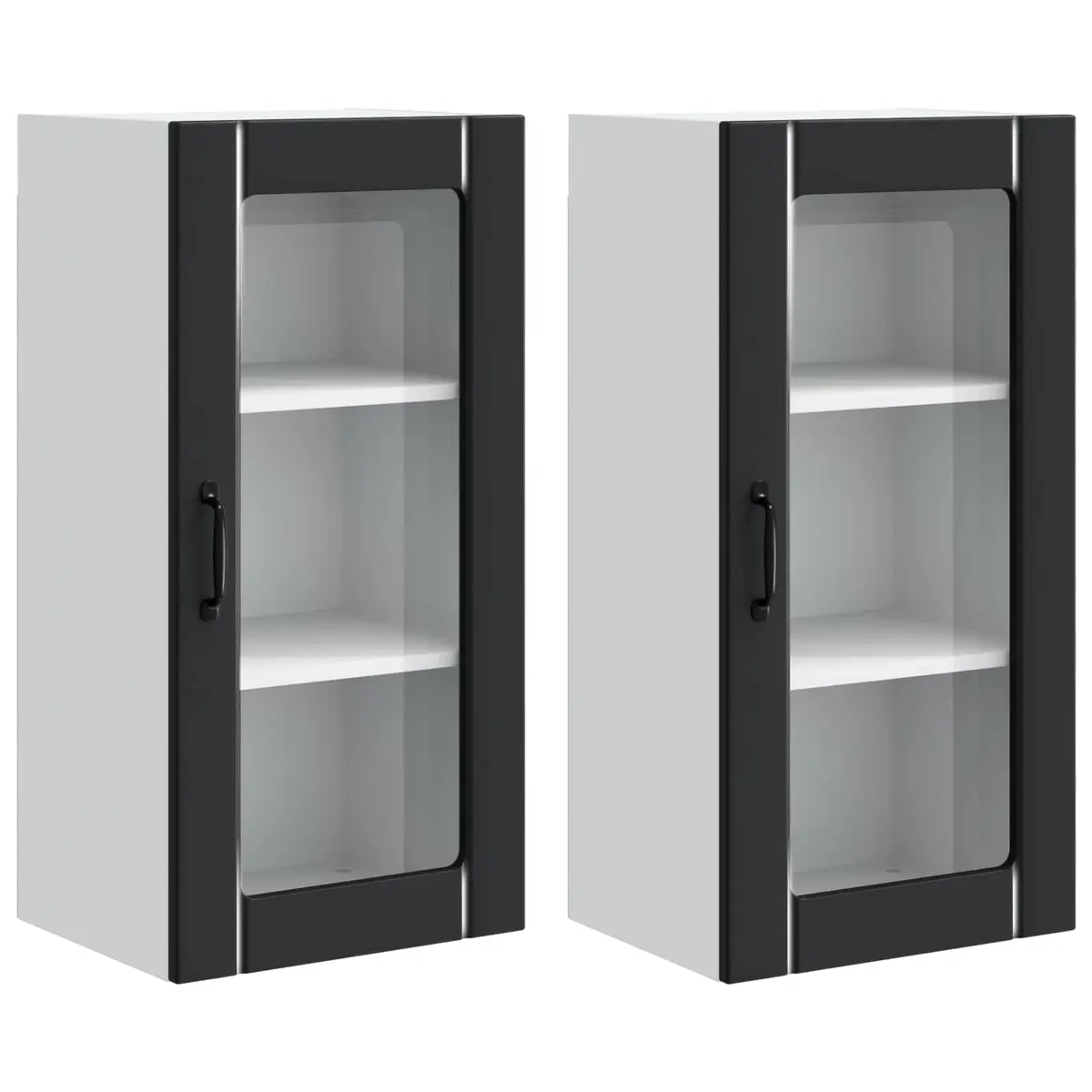 Wall Glass Cabinet Kitchen Storage 2 pcs Black Wall Mounted Display