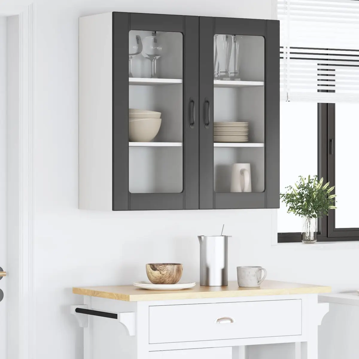 Wall Glass Cabinet Kitchen Storage 2 pcs Black Wall Mounted Display