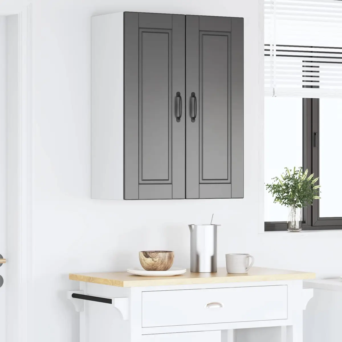 Wall Cabinet Kitchen Storage 2 Piece Black Engineered Wood Shelves Compartments