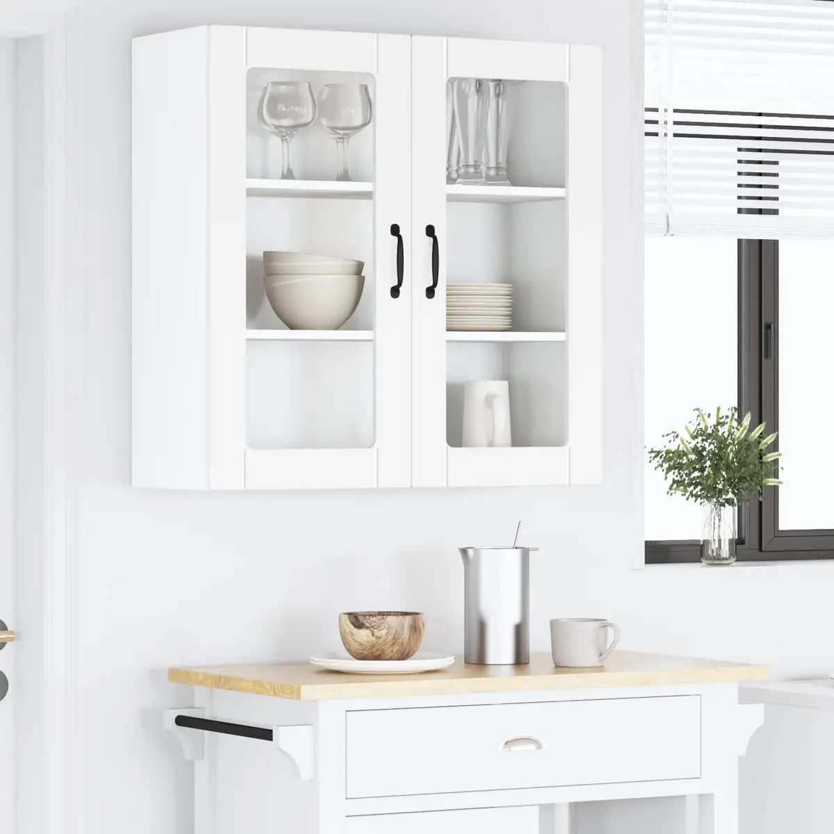 Wall Glass Cabinet White 80x31x80cm Kitchen Storage Engineered Wood Shelves