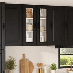 Warm and Functional Black Kitchen Glass Cabinet