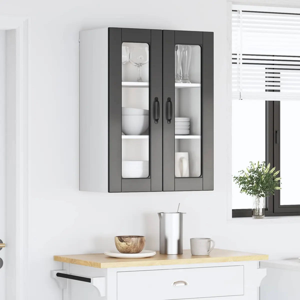 Wall Glass Cabinet Black Kitchen Storage 60x31x80cm Engineered Wood Shelves