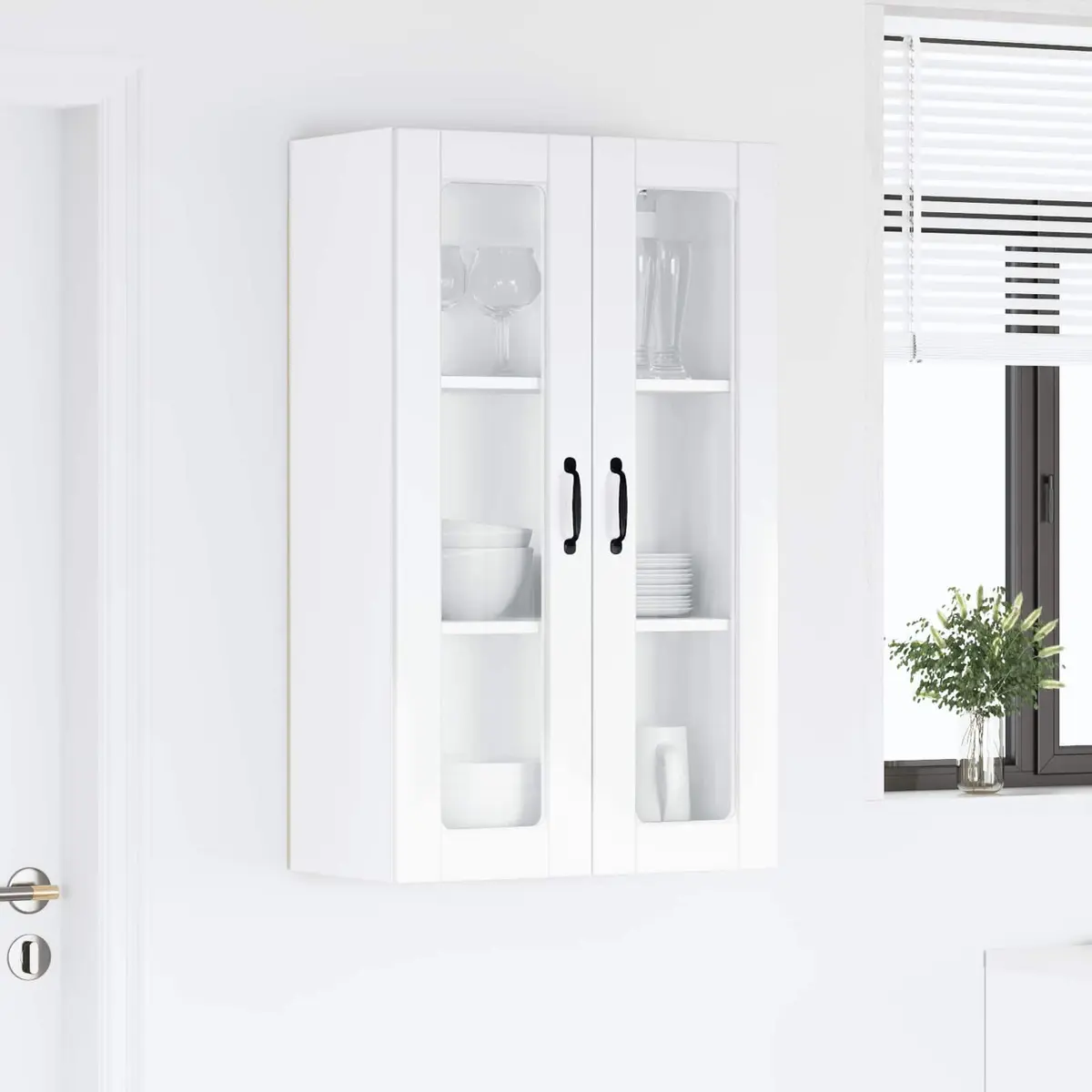 Wall Glass Cabinet High Gloss White Kitchen Storage Wall-Mounted Compartment