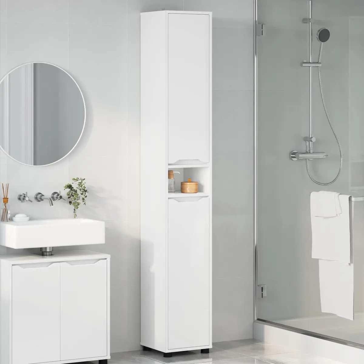 Bathroom Vanity Cabinet Modern Storage Unit 30.5 x 30 x 195 cm White Engineered Wood