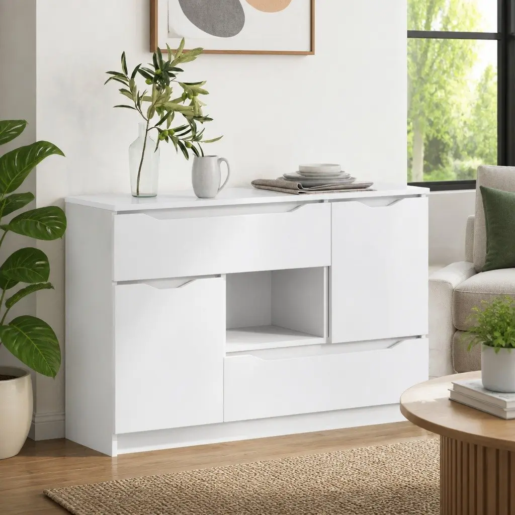 Sideboard Storage Cabinet Modern Rectangular White 100cm x 30cm x 65.6cm