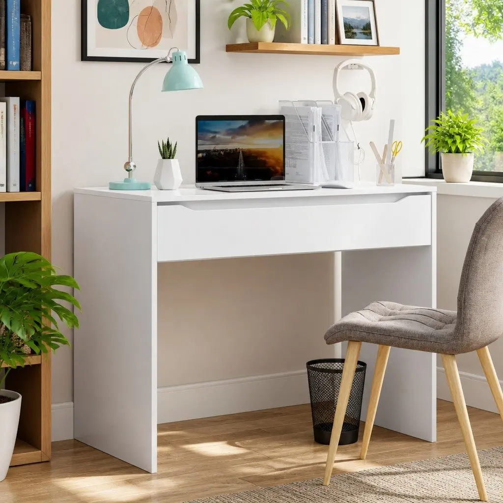 Engineered Wood Desk for Office Study with Drawer Rectangular White