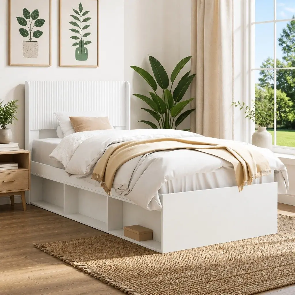 White Headboard Vertical Slat Design Engineered Wood Bedroom Furniture Modern