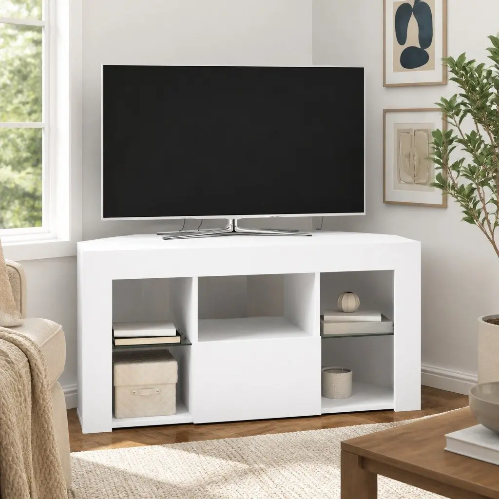 White Corner LED TV Cabinet with Storage