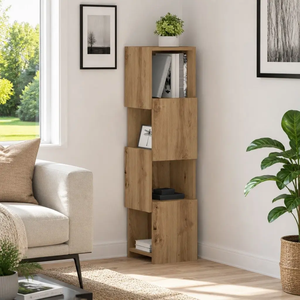Corner Storage Cabinet Space-saving 25.5x25x102cm Brown Modern Living Room Organiser Shelf