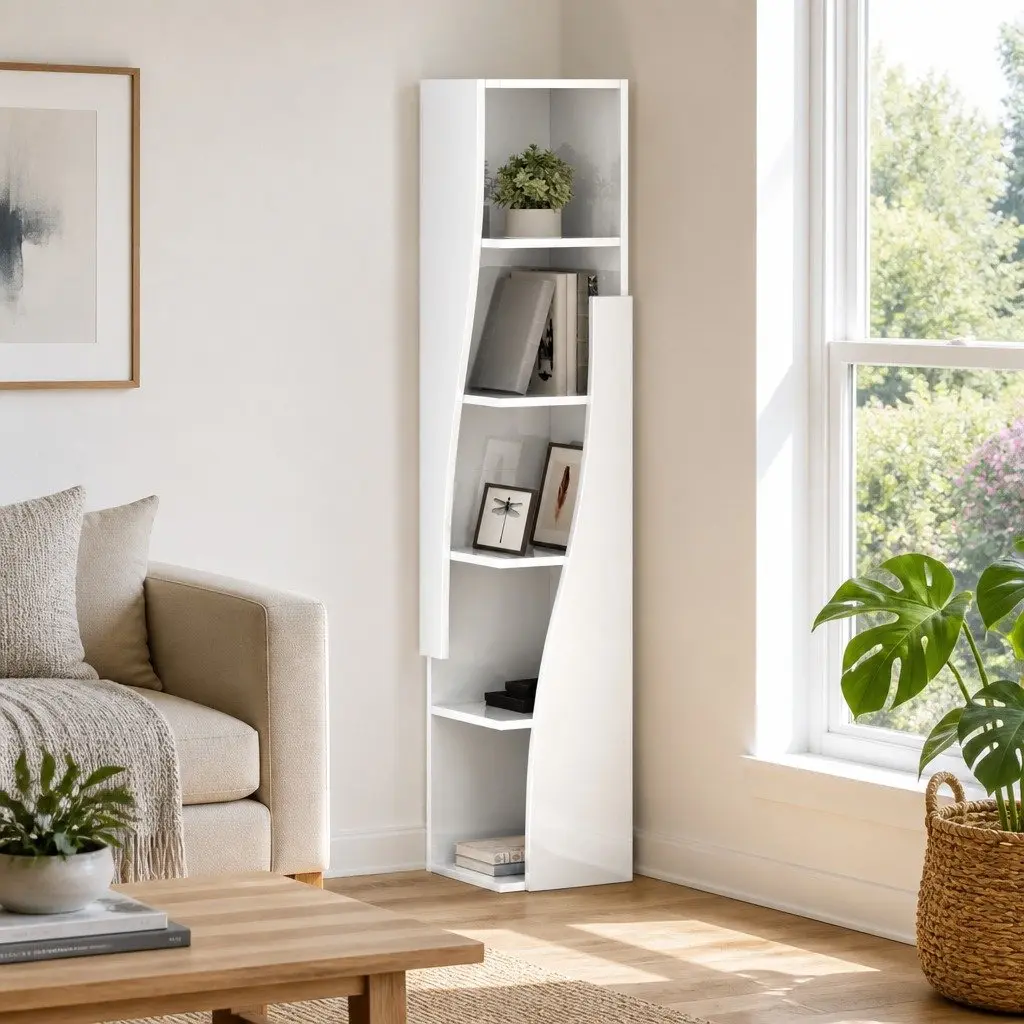 Corner Storage Cabinet Space-saving 27.5x27x140cm Modern Matte Living Room Shelving Unit