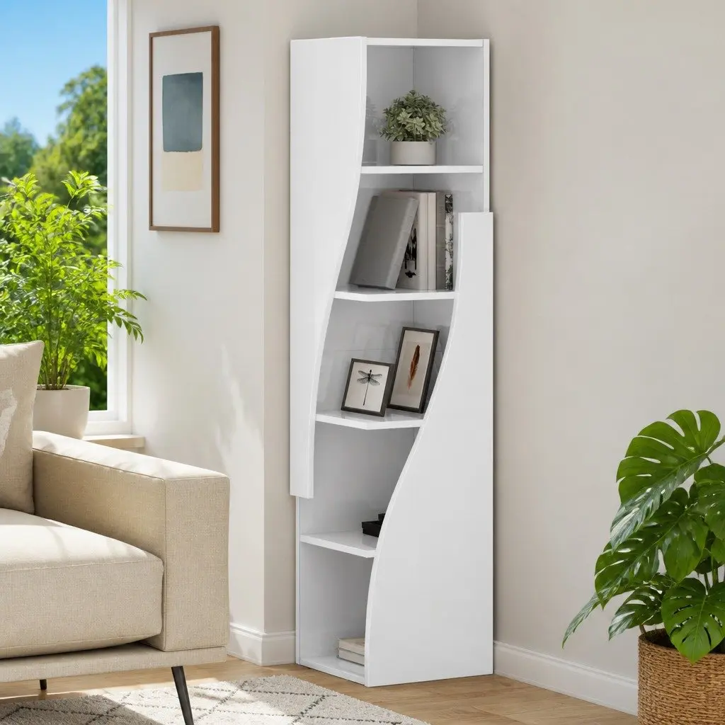 Corner Storage Cabinet High Gloss White Modern Living Room Shelf Unit