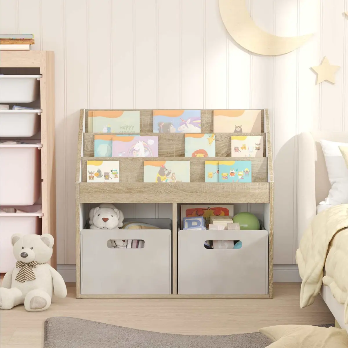 Kids Bookshelf Storage Unit Open Shelves Bedroom Playroom Organiser Brown Wood
