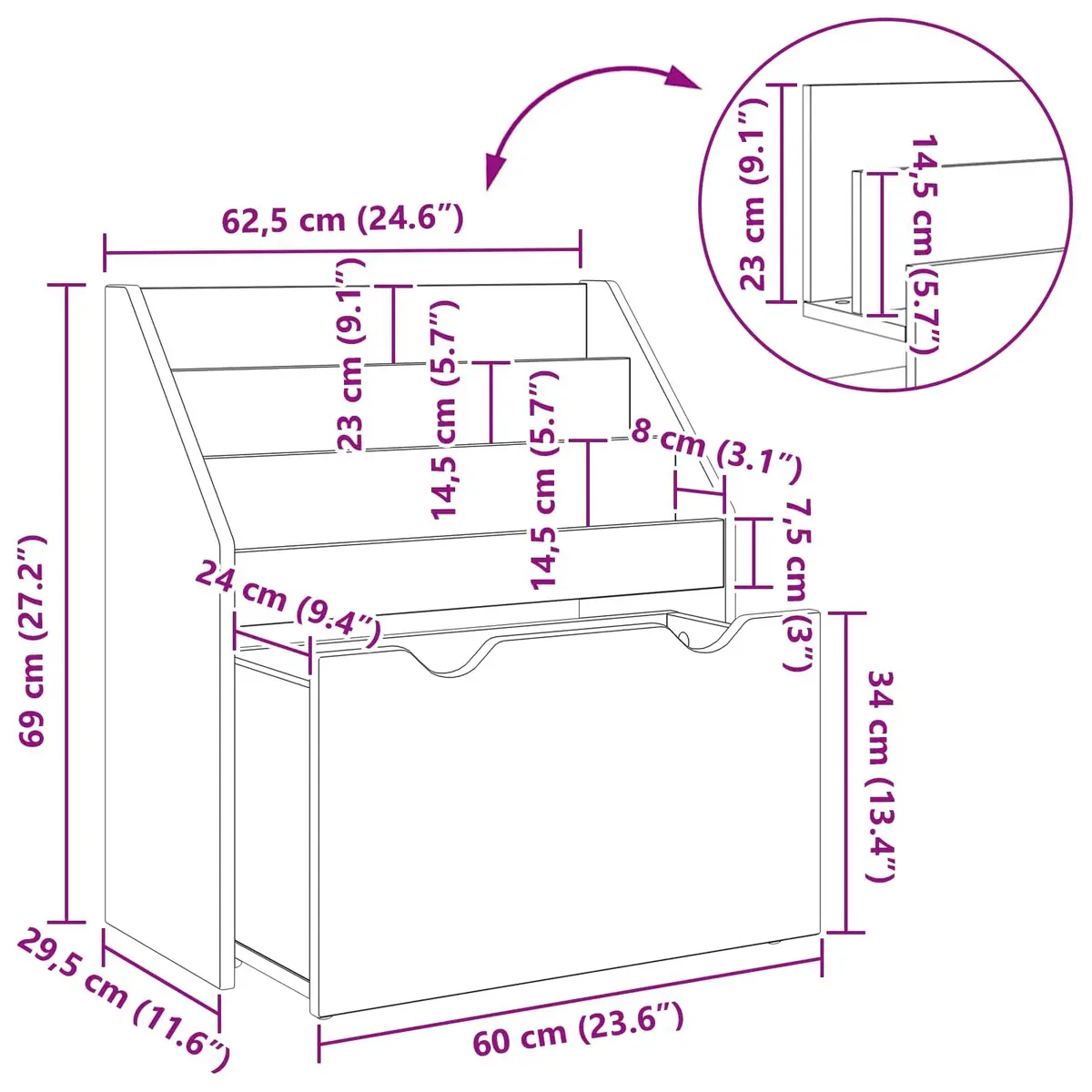 Kids Bookshelf Storage Cabinet White Free-standing Unit with Shelves and Drawers 60 x 29.5 x 69 cm