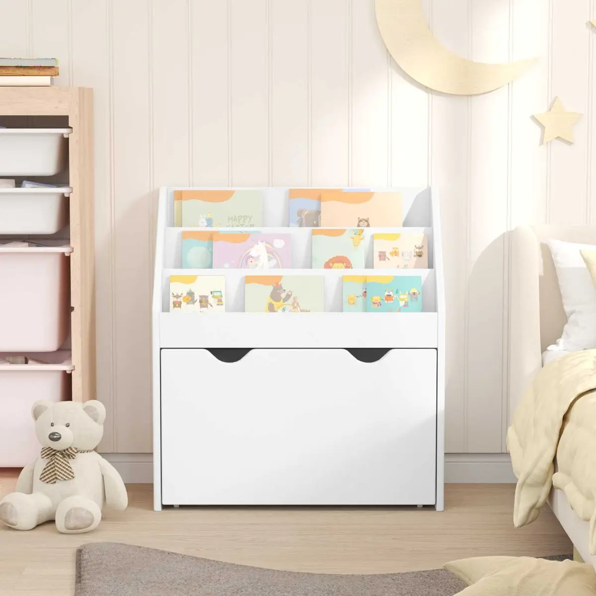 Kids Bookshelf Storage Cabinet White Free-standing Unit with Shelves and Drawers 60 x 29.5 x 69 cm