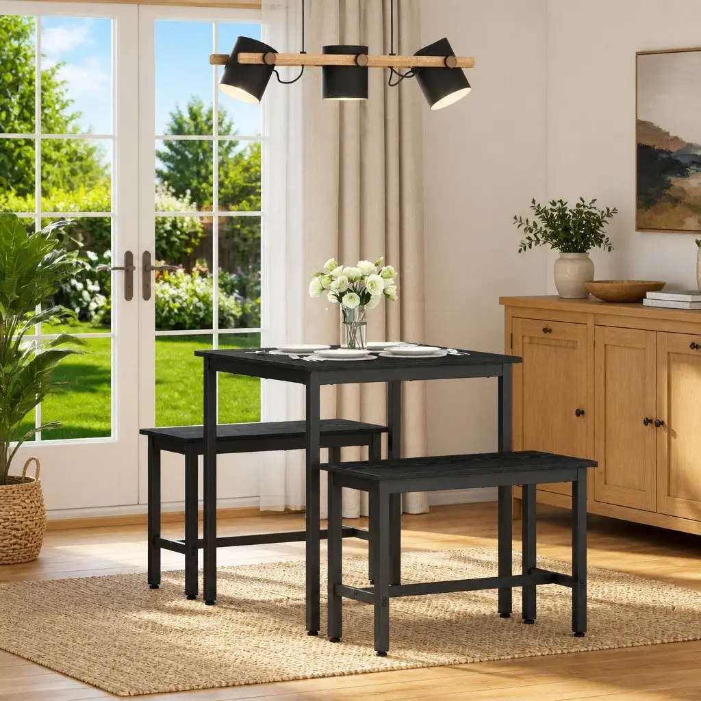 Dining Table 70x70x75cm Black Engineered Wood Surface Metal Frame Kitchen Furniture