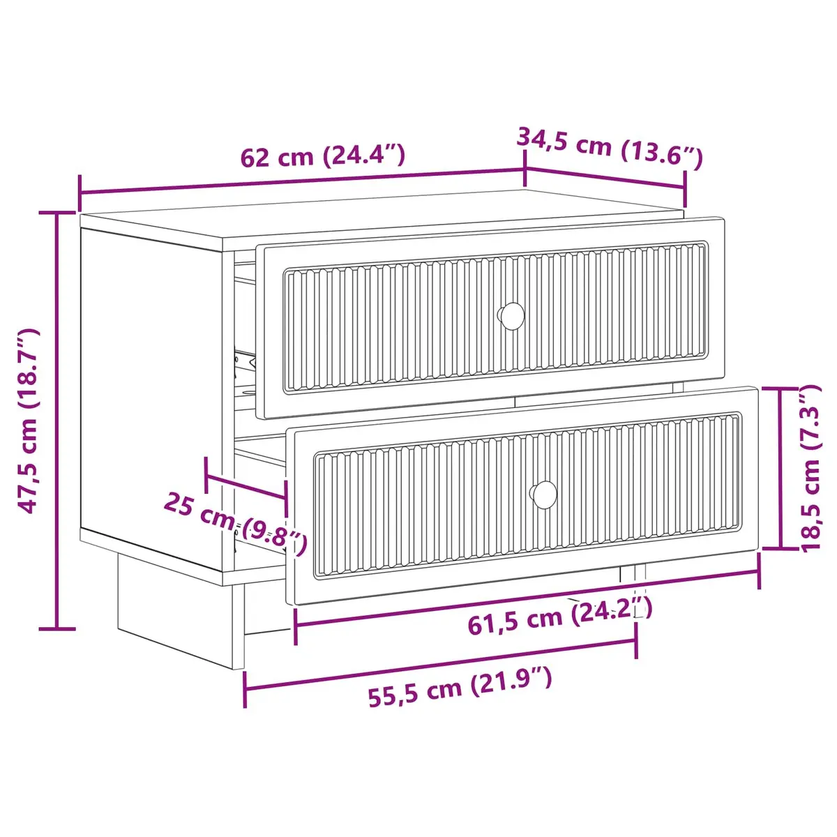 Bedside Cabinet Vintage Modern Storage Table 62cm x 34.5cm x 47.5cm White