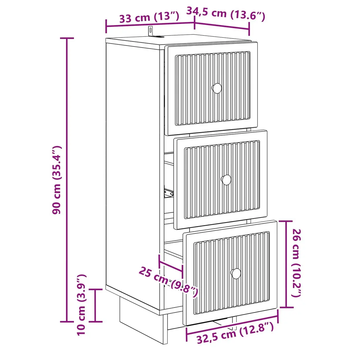 Drawer Cabinet Storage Engineered Wood 33 x 34.5 x 90 cm White