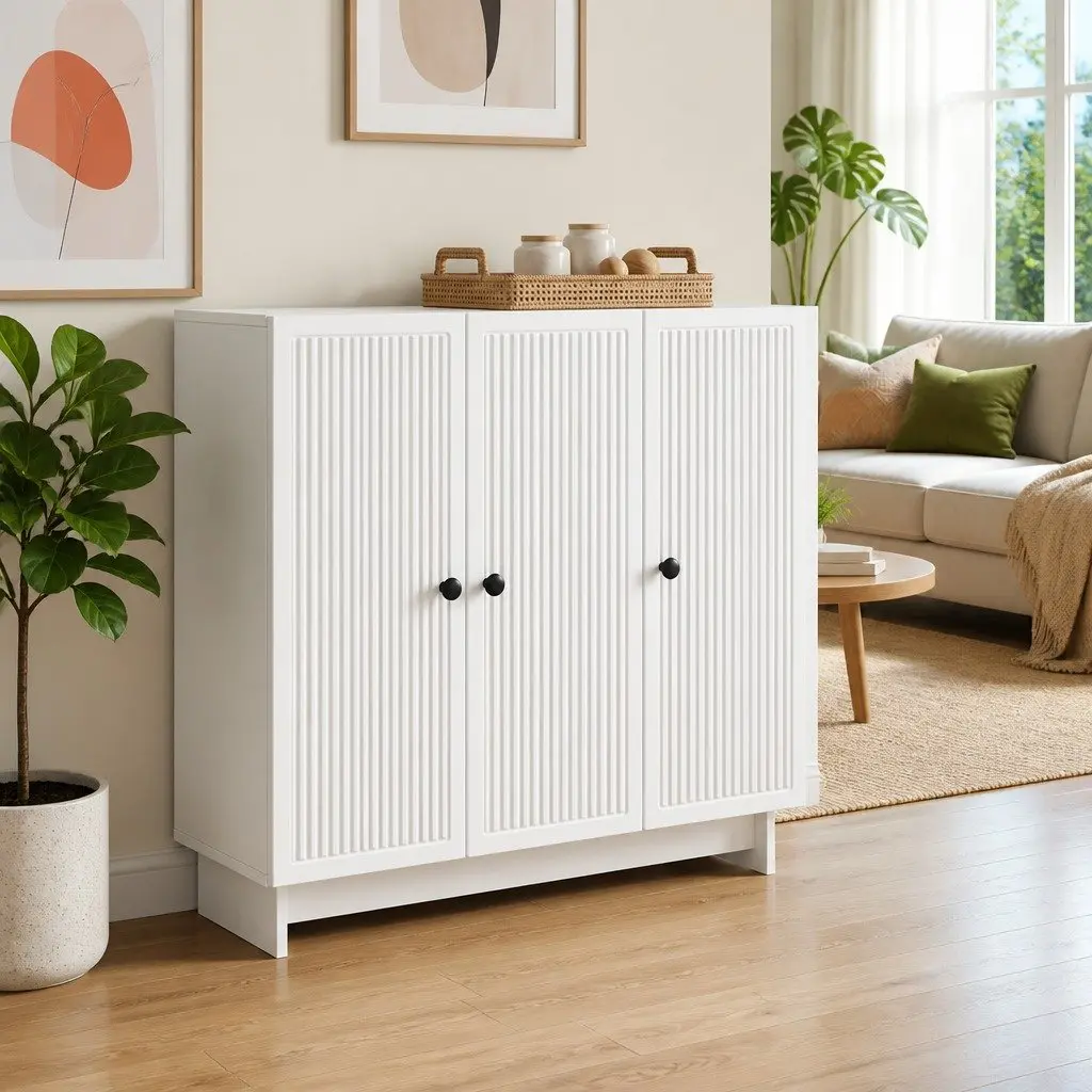 White Sideboard Engineered Wood Storage Cabinet Buffet Furniture Rectangular