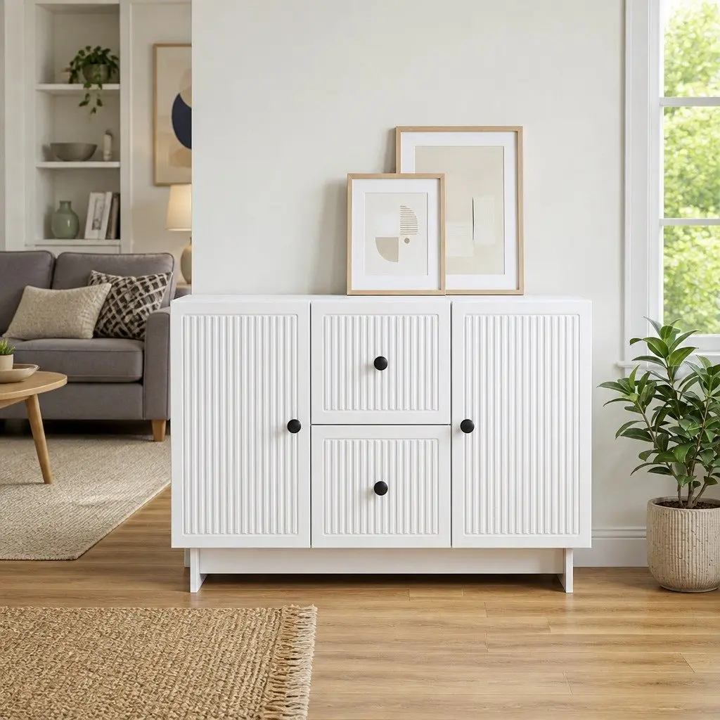 Sideboard White Storage Cabinet with Drawers and Swing Doors 89 x 34.5 x 60 cm