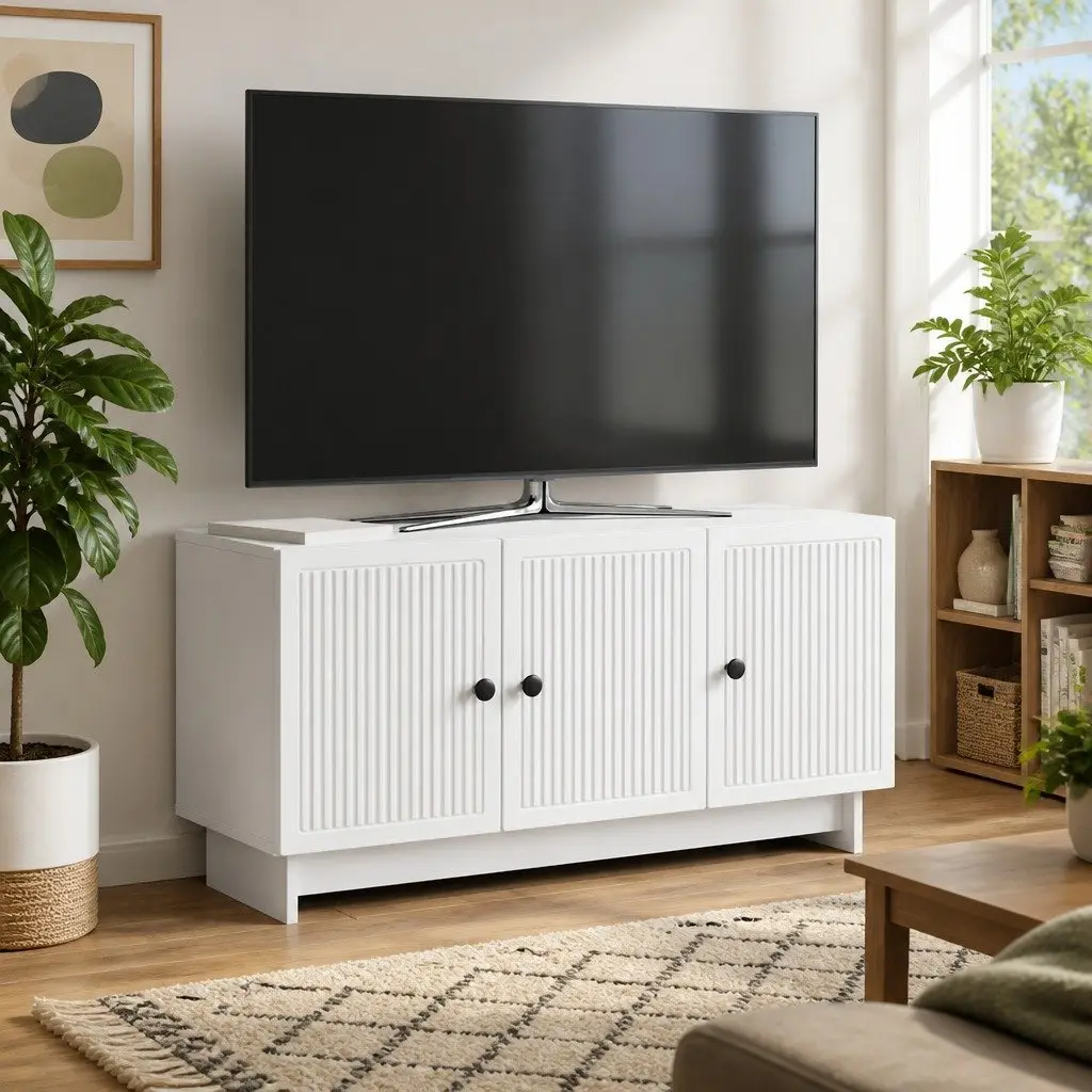 TV Cabinet White Modern Living Room Storage Unit with Shelves and Doors