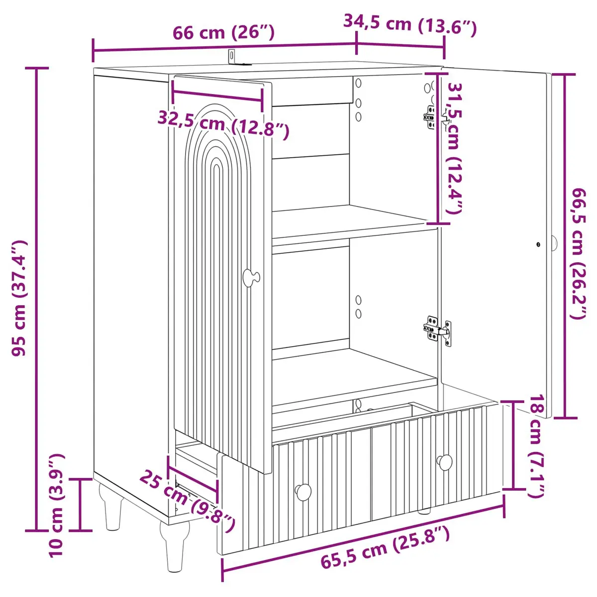 Sideboard Modern Storage Cabinet Engineered Wood Living Room Furniture White 66 x 34.5 x 95 cm