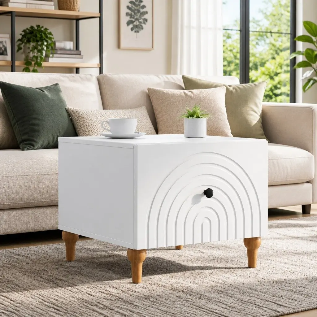 Coffee Table Storage Drawer Rectangular White Engineered Wood