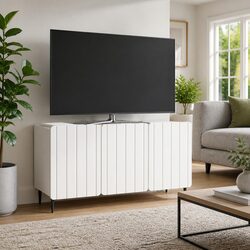 TV Cabinet White Modern Storage Unit Engineered Wood Swing Doors Steel Legs