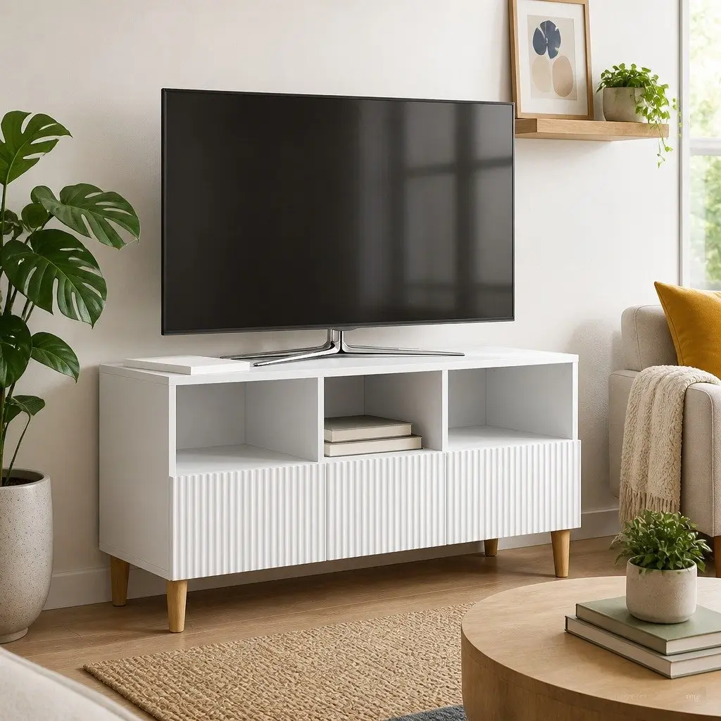 TV Cabinet White Engineered Wood Lounge Storage Unit with Drawer and Brown Tapered Legs