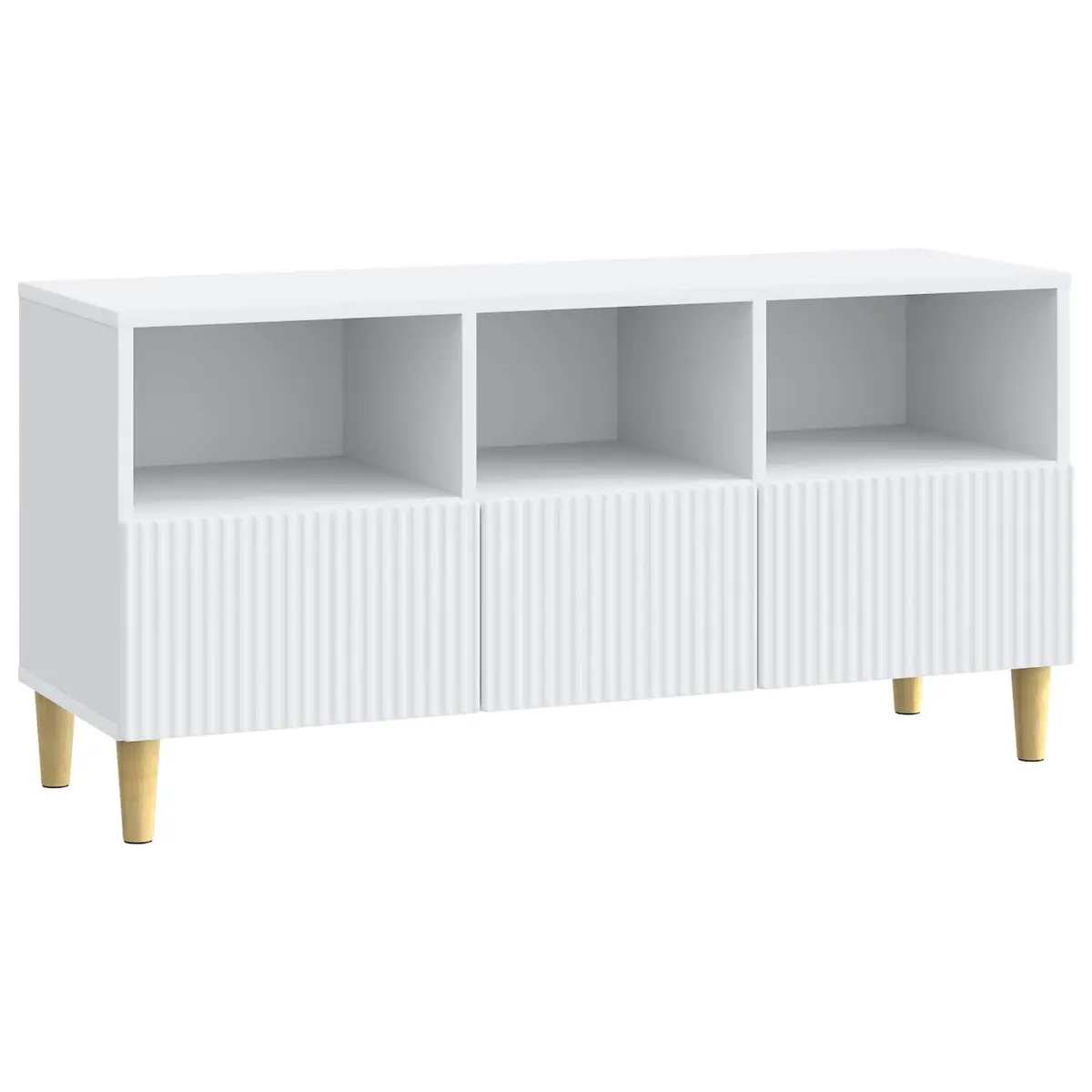 TV Cabinet White Engineered Wood Lounge Storage Unit with Drawer and Brown Tapered Legs