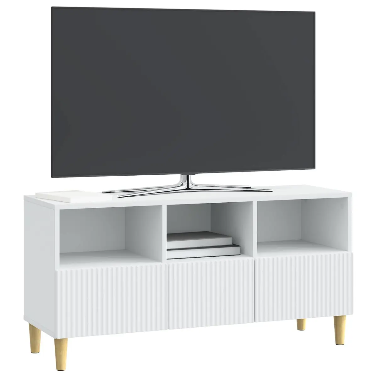 TV Cabinet White Engineered Wood Lounge Storage Unit with Drawer and Brown Tapered Legs
