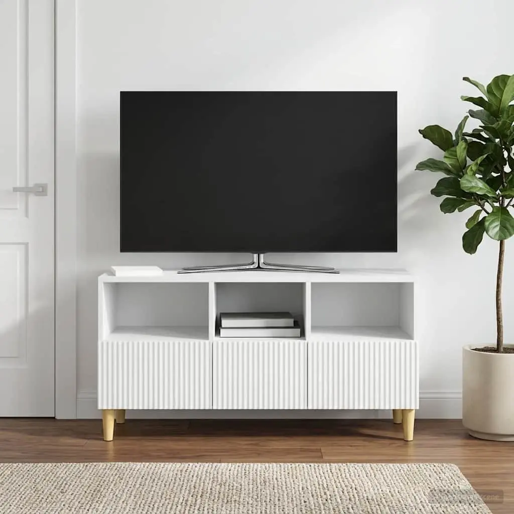 TV Cabinet White Engineered Wood Lounge Storage Unit with Drawer and Brown Tapered Legs