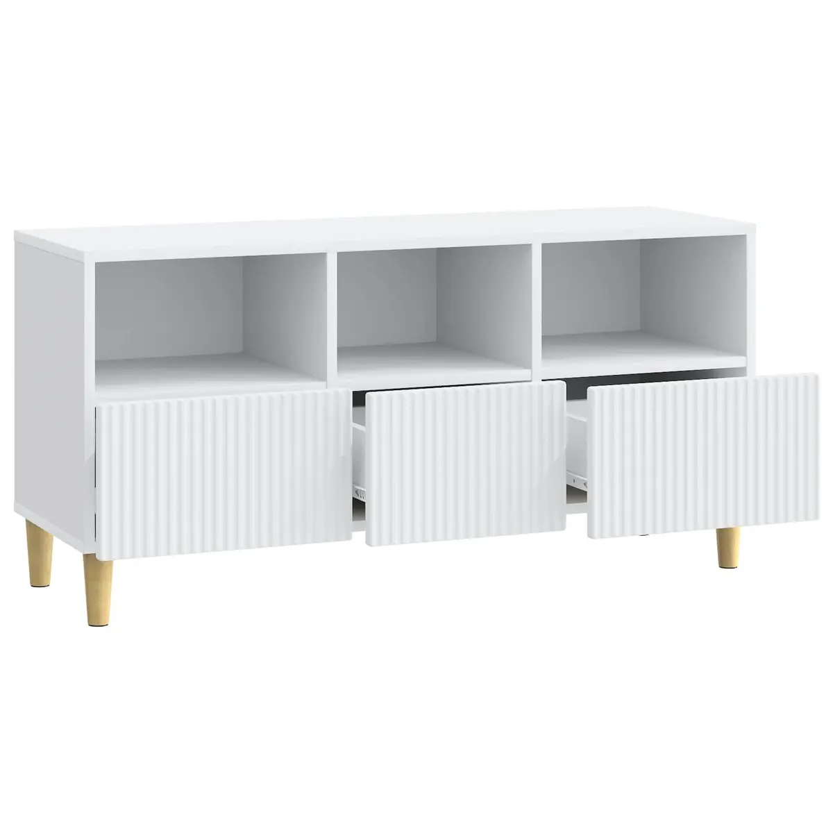 TV Cabinet White Engineered Wood Lounge Storage Unit with Drawer and Brown Tapered Legs