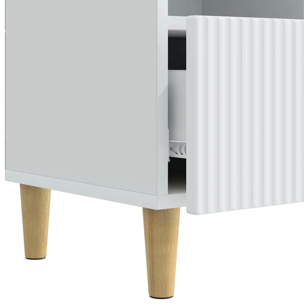 TV Cabinet White Engineered Wood Lounge Storage Unit with Drawer and Brown Tapered Legs