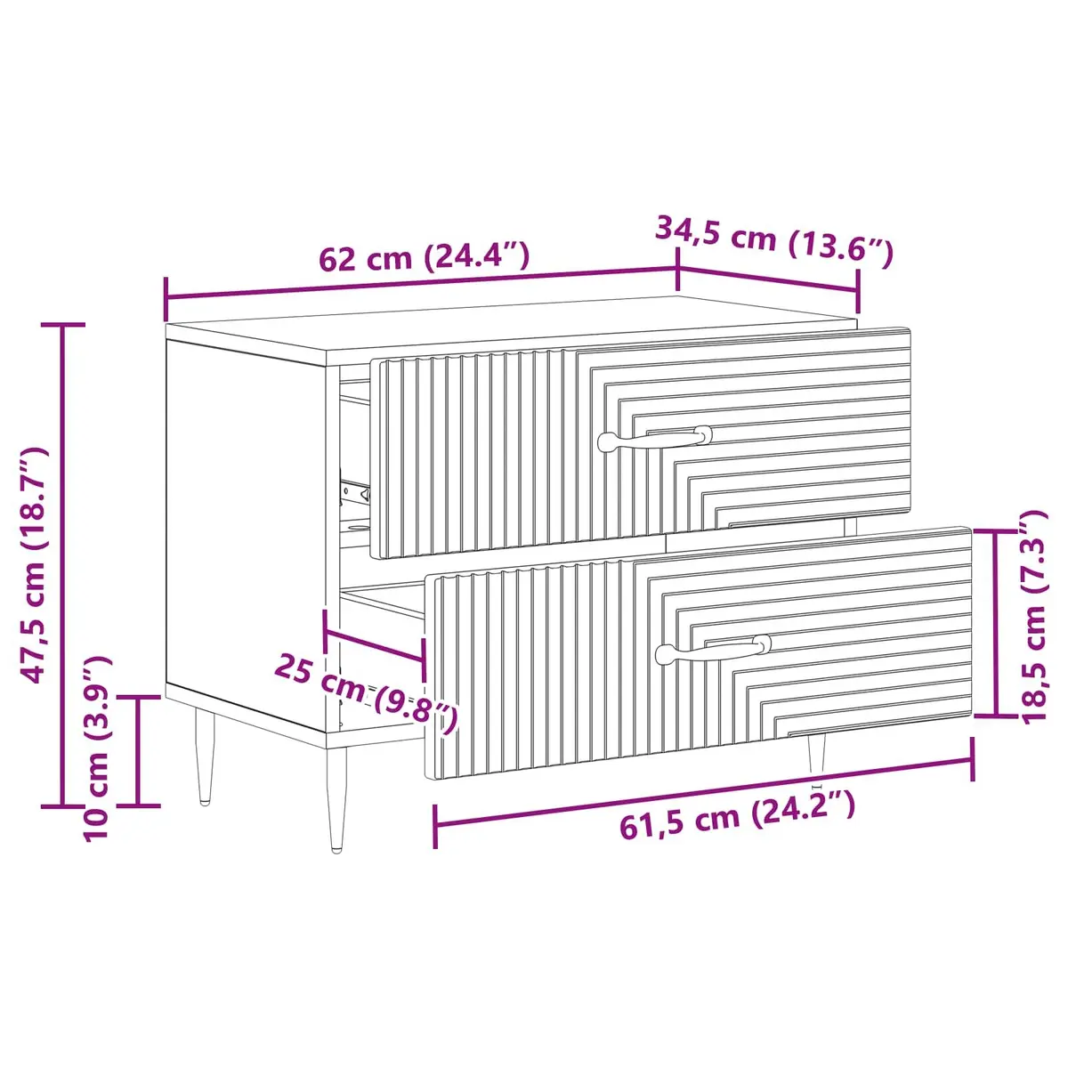 Bedside Cabinet White 62 x 34.5 x 47.5 cm Engineered Wood Drawers Storage